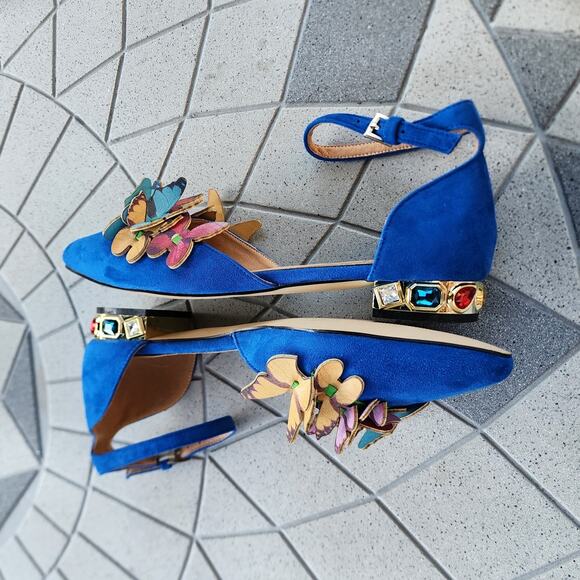 NUYG Blue 3D Butterfly Appliqué Faux Suede Gem Embellished Flats 9 - Picture 11 of 12